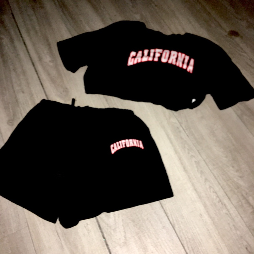 Cropped top and shorts that’s say California in red